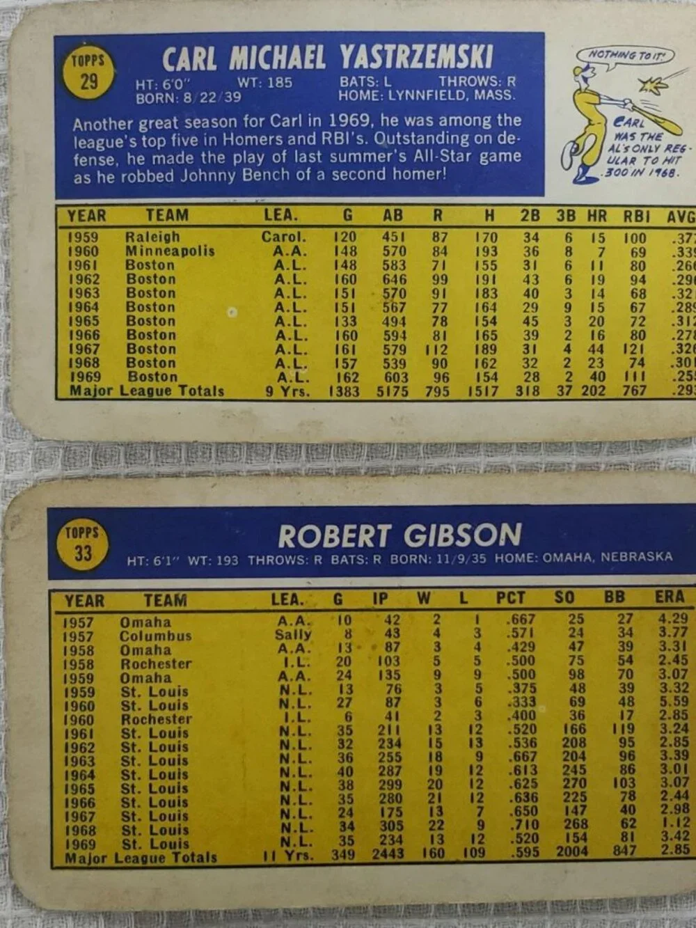 LOT OF 2 1970 TOPPS SUPER CARL YASTRZEMSKI #29 BOB GIBSON #33 HOF